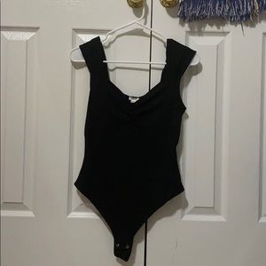 Black Ribbed V Neck Bodysuit